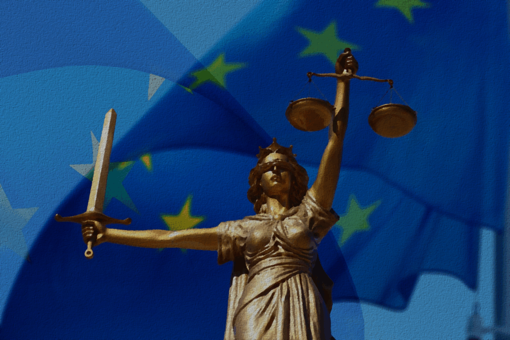 A symbolic female figure representing Justice stands with eyes closed, embodying impartiality and fairness. She is draped in classical robes and holds the scales of justice, while the EU flag waves prominently beside her—signifying the European Union’s dedication to upholding the rule of law, human rights, and equality across its member states